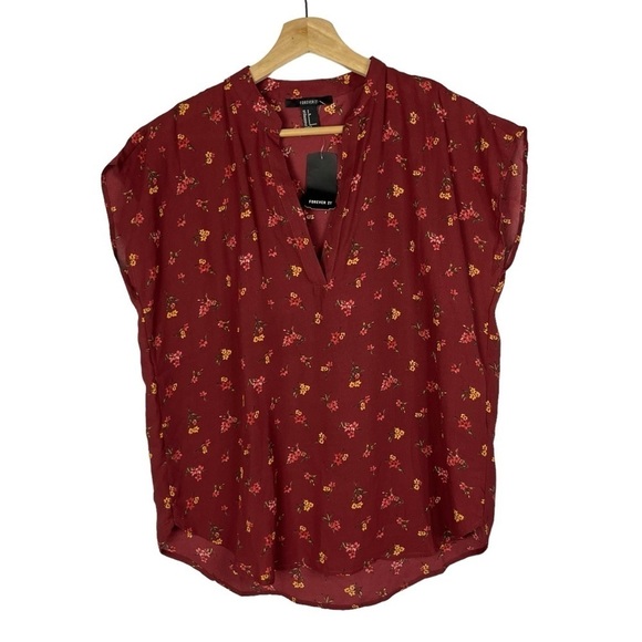 Forever 21 Red Floral Popover Short Sleeve Blouse S - Picture 1 of 4